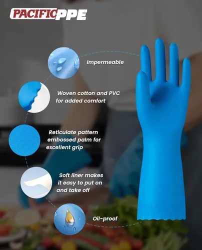 Miniatura 3 de PACIFIC PPE 2 pares de guantes de limpieza reutilizables para lavavajillas, hogar, cocina, forro de algodón, azul, talla S