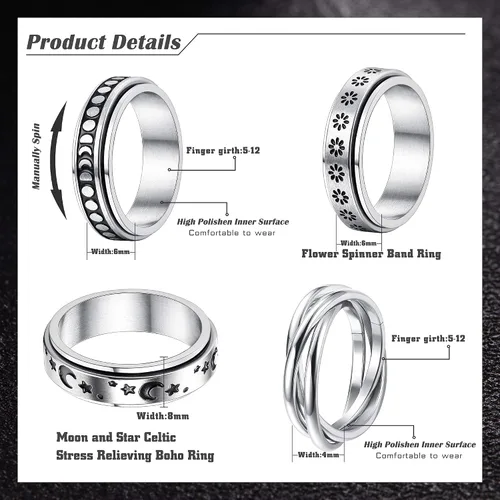 Miniatura 2 de FUNRUN JEWELRY Anillo de acero inoxidable para la ansiedad para mujeres y hombres, anillos giratorios de luna y estrella celta para aliviar