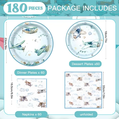 Miniatura 2 de 180 piezas de suministros de fiesta de ducha de avión, platos de papel y servilletas para servir 60 vajillas desechables para decoraciones de fiesta
