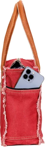 Miniatura 6 de Bolso de lona para mujer, bolso de hombro con asas de cuero, bolso de playa, bolso, viajes y uso diario (estampado vintage, rojo, 13 x 10 pulgadas)