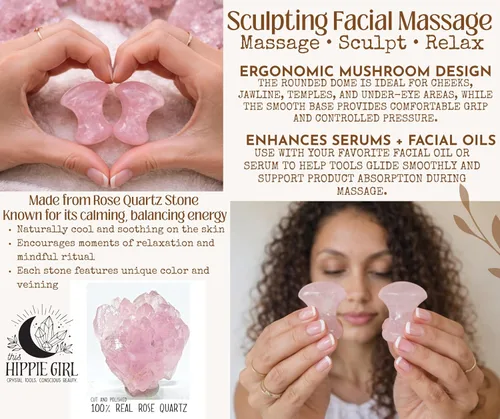 Miniatura 4 de Este juego de hongos Gua Sha para niña hippie, herramienta de masaje para tonificación facial de cuarzo rosa y esculpir yoga, herramientas