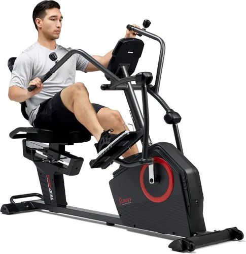 Sunny Health & Fitness Elite Bicicleta reclinada de entrenamiento cruzado y máquina elíptica con ejercitadores de brazos para entrenamiento de