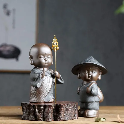 Miniatura 2 de KJYHXX Little Cute Monk - Figuras de cerámica – Adorables estatuas de monje de porcelana marrón (estilos de escoba/personal/bolsa) – Escritorio