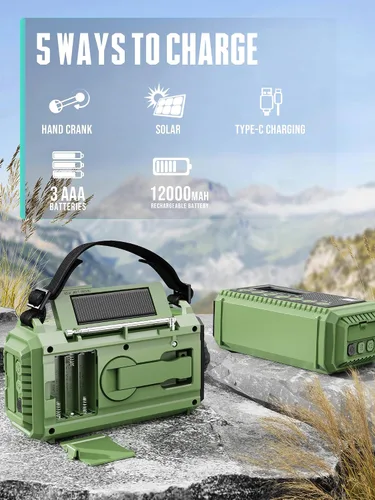 Miniatura 4 de Radio de emergencia de 12000 mAh - Alerta meteorológica AUTO NOAA, manivela solar AM/FM/SW/NOAA, linterna, cargador de teléfono, sirena SOS, kit