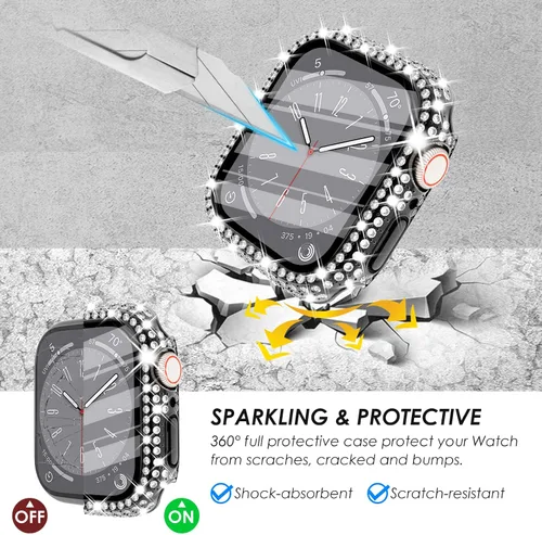 Miniatura 6 de Funda delantera y trasera, 2 en 1, brillante, impermeable, 360°, de policarbonato y protector de pantalla de vidrio para iWatch 8 y 7 de 41 mm, Negro