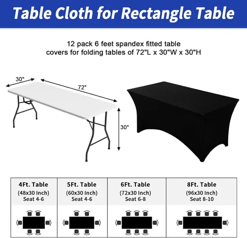 Miniatura 3 de Fixwal Paquete de 12 Cubiertas de Mesa de Spandex Negro para Mesas de 6 Pies, Fundas de Mesa Rectangulares Ajustadas Elásticas para Bodas