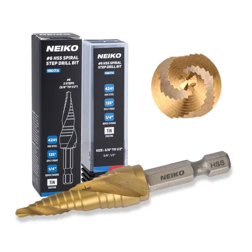Miniatura 41 de NEIKO 10602A Step Drill Bit, 13 Steps 1/8" to 1/2" Spiral High Speed Steel, Titanium Nitride Coated, 1/4" Quick Change Step Bits for Steel, Metal