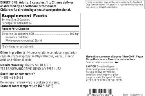 Miniatura 6 de Klaire Labs SFI Health Berberine HCI 500mg - Suplemento de berberina - Sin gluten, hipoalergénico (120 cápsulas)