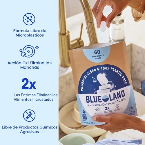 Miniatura 3 de BLUELAND - Tabletas de detergente para lavavajillas 100% libres de plástico, 60 unidades, libres y transparentes, ecológicas, cortan la grasa y se