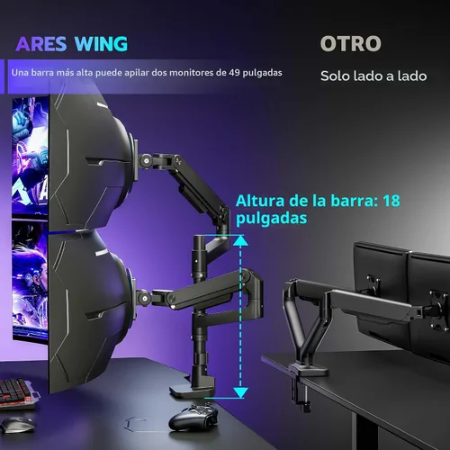 Miniatura 3 de ARES WING Soporte de escritorio con brazo de doble monitor para monitores ultraanchos de 17 a 49 pulgadas, soporte de monitor doble resistente