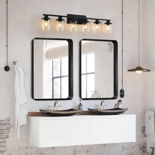 Miniatura 6 de 6 Luces de Tocador de Baño de Negro Mate con Vidrio Transparente y Base de Metal, Luces de Tocador Negras para Baño Sobre Espejo