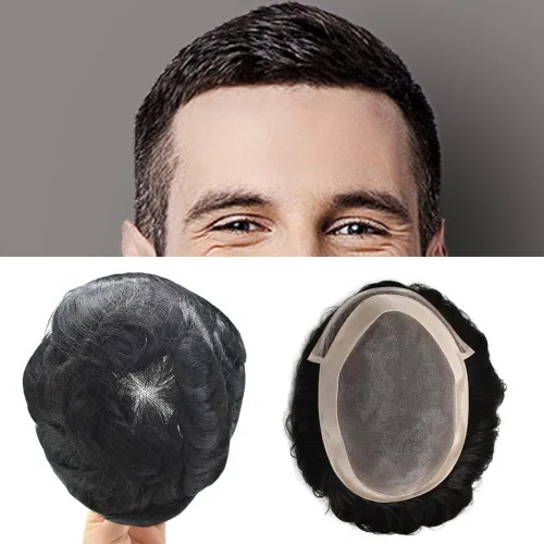 Miniatura 10 de Toupee para hombre pieza de cabello humano fino mono tupé piel de poliéster transparente alrededor de la pieza para hombres sistema de reemplazo