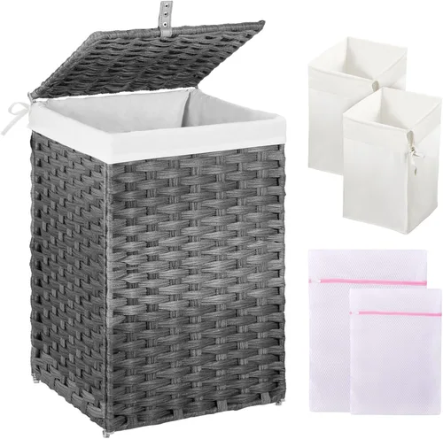 Greenstell Cesta de ropa sucia con tapa, cesta de ropa de 60L con 2 bolsas de forro extraíbles y 2 bolsas de malla para lavandería, cesta de ropa