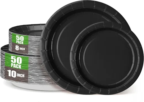 Black Paper Party Plates Supplies 400GSM -100pcs - 50 x 10 Dinner Plates and 50 x 8 Dessert Plate,Suitable for Birthday,Family Negro