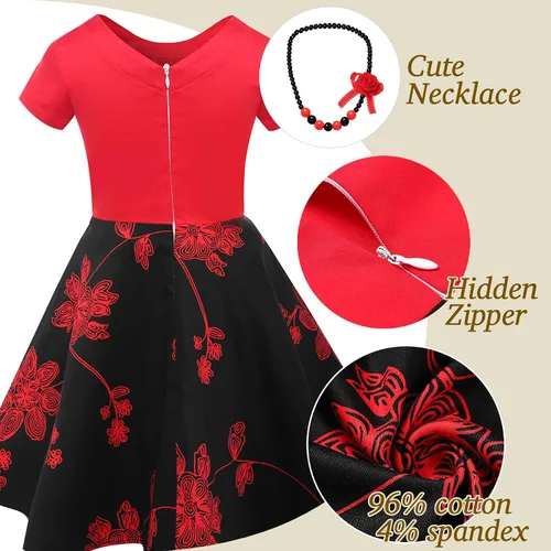 Miniatura 6 de Tao-Ge Vestido vintage de lunares para niñas, vestidos de fiesta retro de los años 50, vestido de fiesta con vuelo, talla 6-12 con collar