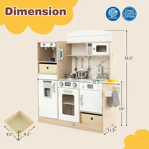 Miniatura 6 de Costzon Juego de cocina para niños, cocina de madera con luces LED de lujo, máquina de hielo, horno, lavadora, teléfono de juego, juego de juguetes