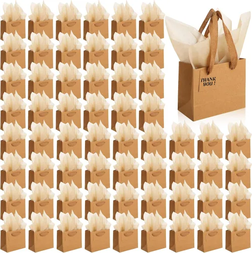 Miniatura 20 de Qilery 50 bolsas de regalo de papel de boda a granel con papel de seda, pequeñas bolsas de regalo con asa y etiquetas para cumpleaños, bodas