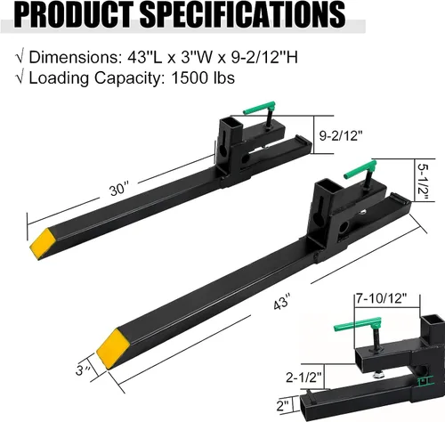 Miniatura 2 de Horquillas para paletas, abrazadera máxima de 43 pulgadas y 1500 libras en horquillas de tractor, accesorio de carga frontal resistente