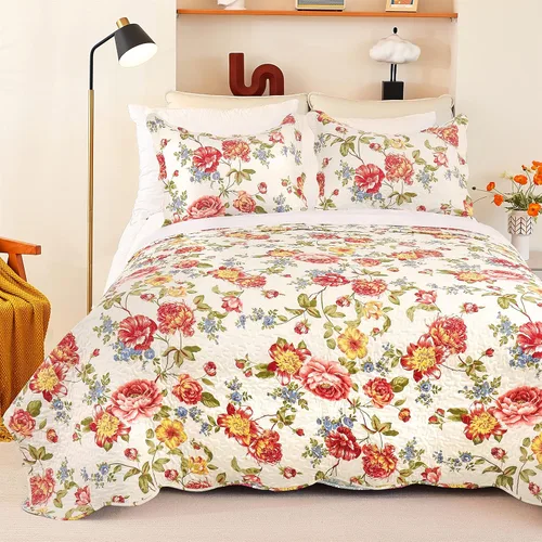 Miniatura 20 de Cmfshape - Juego de edredón de verano floral King acolchado, juego de edredón rosa romántico King, juego de ropa de cama reversible cosido para Rosa
