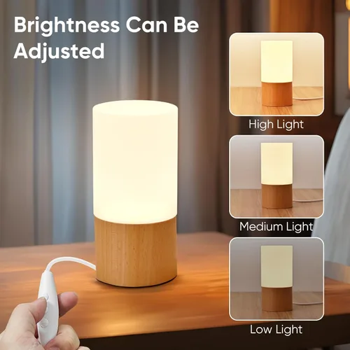Miniatura 3 de LONRISWAY Lámpara de mesa de madera LED pequeña, luz de noche de noche para dormitorio, iluminación LED regulable, decoración creativa