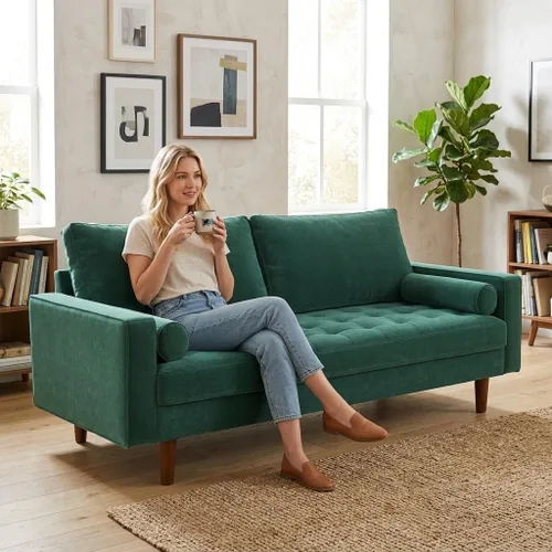 Miniatura 10 de Container Furniture - Sofá de piel sintética para la sala de estar moderna con cojines extraíbles y patas de madera maciza, sofá estilo lujoso