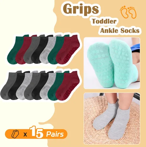 Miniatura 4 de Calcetines antideslizantes para niños, calcetines de tobillo con agarre, calcetines antideslizantes 15 pares para niños activos, niños de 6 meses a