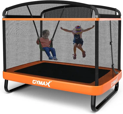 GYMAX Trampolín para niños de 6 pies con columpio, cama elástica rectangular recreativa aprobada por ASTM con red de seguridad, para interiores y