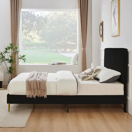 Miniatura 8 de Furnify Armazón de Cama de Plataforma Twin, Marco de Cama Tapizado en Terciopelo con Cabecera Ajustable de Canal Vertical, Ribete de Enchapado