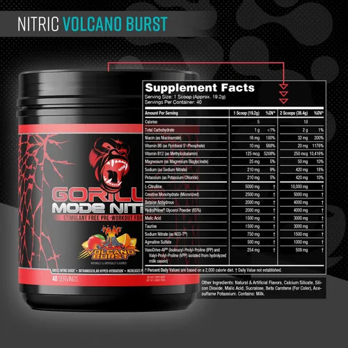 Miniatura 2 de Gorilla Mode - Suplemento de preentrenamiento sin estimulantes nítricos, mejor sabor y más eficaz, sin estimulantes, bombas masivas, vasodilatación