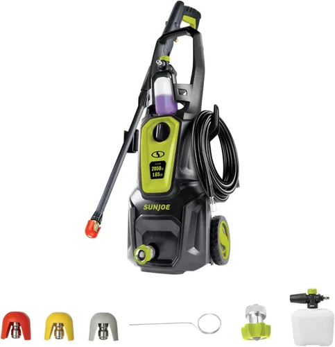 Sun Joe Lavadora eléctrica a presión con cañón de espuma y varita de extensión, 1600 PSI (certificado PWMA), 1.1 GPM, motor de 13 amperios, máquina