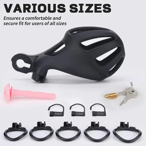 Miniatura 2 de Jaula de castidad masculina, dispositivo de castidad grande con anillos de 5 tamaños y bloqueo invisible para el pene, equipo de bondage