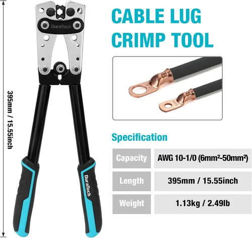 Miniatura 2 de DURATECH Herramienta de prensado de cables de batería con cortador de alambre, herramientas de crimpadora de cables AWG 10 8 6 4 2 1/0