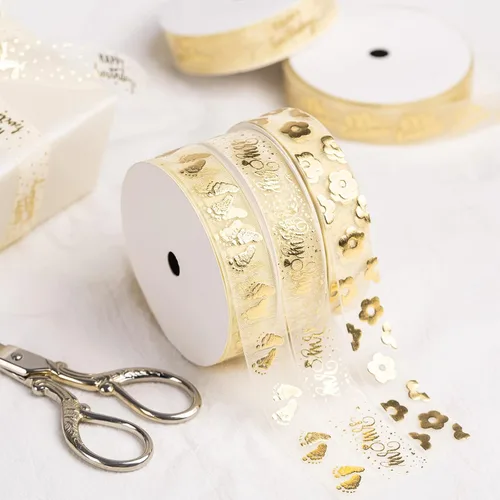 Miniatura 5 de Cinta de regalo transparente dorada, cinta de hilo de nieve con letras de Mr & Mrs e impresión de anillo para despedida de soltera, 3/4 pulgadas x