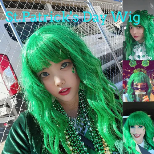 Miniatura 3 de LABEAUTÉ Peluca ondulada verde con flequillo de aire, resistente al calor, peluca del día de San Patricio, 14 pulgadas, verde menta