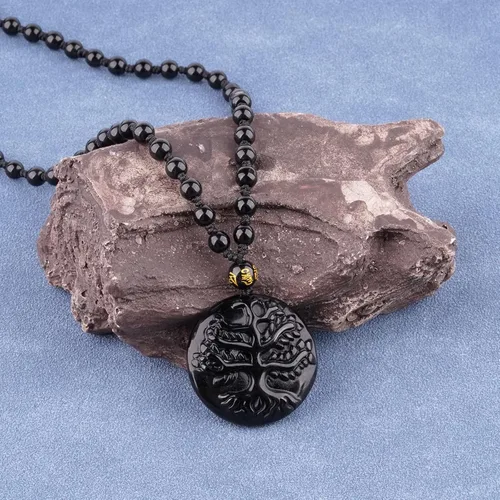 Miniatura 2 de VIKCAUX Collar de obsidiana negra con dije de protección con cadena de cuentas extendida de cristal curativo para hombres y mujeres, Cristal