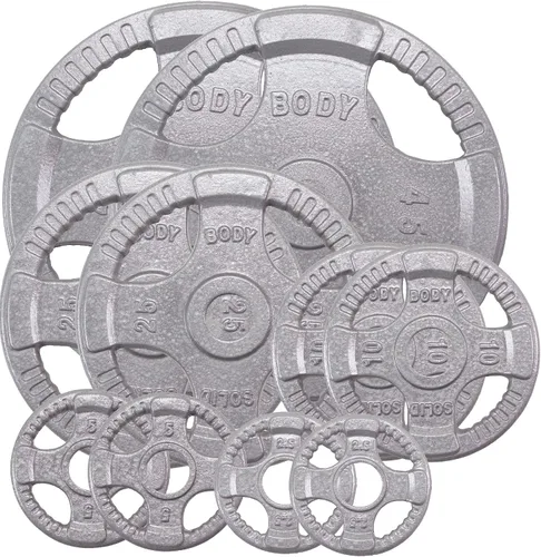 Miniatura 11 de Body-Solid Juego de discos olímpicos de hierro fundido con diseño de agarre cuádruple, pesas libres, placas de mancuernas, agujero estándar de 2
