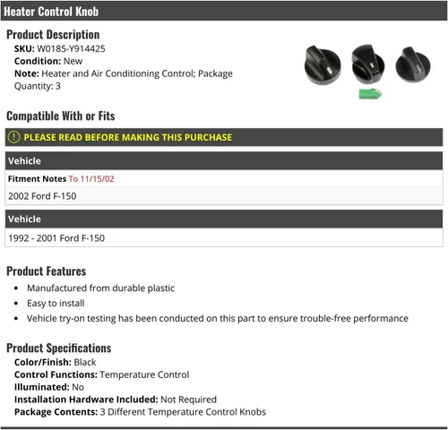 Marketplace Auto Parts Pomo de control de calefacción y aire acondicionado, color negro, compatible con Ford F-150 1992-2002 (hasta 15/11/2002)