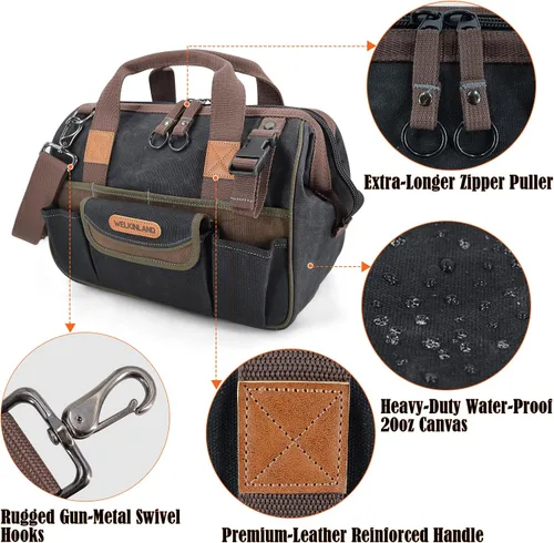 Miniatura 8 de WELKINLAND Bolsa de herramientas de lona de 30 bolsillos, bolsas enceradas de 14 pulgadas de alta resistencia, bolsa de herramientas, electricista