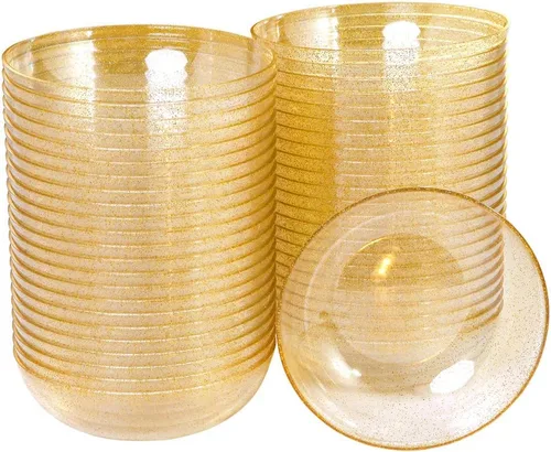 bUCLA Paquete de 50 cuencos de plástico con purpurina dorada, cuencos desechables de 10 onzas para salsa/postre de cristal para bodas y fiestas