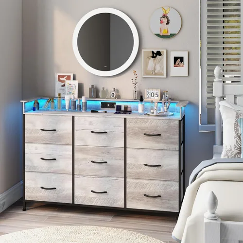 EXOTICA Cómoda con estación de carga, 9 cajones para dormitorio con luces LED, cómoda de tela alta y ancha para armario, pasillo, entrada, marco de