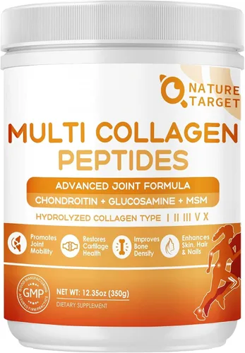 NATURE TARGET Multi-Péptidos de Colágeno en Polvo para el Apoyo de las Articulaciones, Colágeno Hidrolizado para Mujeres y Hombres con MSM + GC,