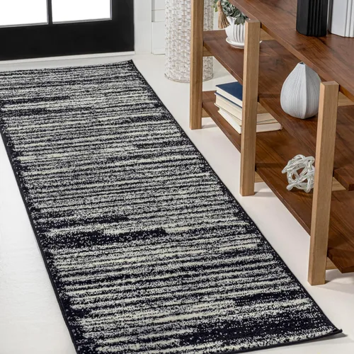 JONATHAN Y Khalil Alfombra de Pasillo Moderna con Rayas Berber Negro/Crema, 2x8 pies, Contemporánea, Bohemia, Fácil de Limpiar para Sala de Estar,