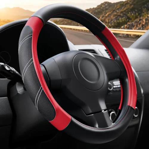 Miniatura 20 de Funda universal para volante de automóvil con masaje 3D, 14.5-15 pulgadas, fundas de cuero de fibra de carbono negras, transpirables