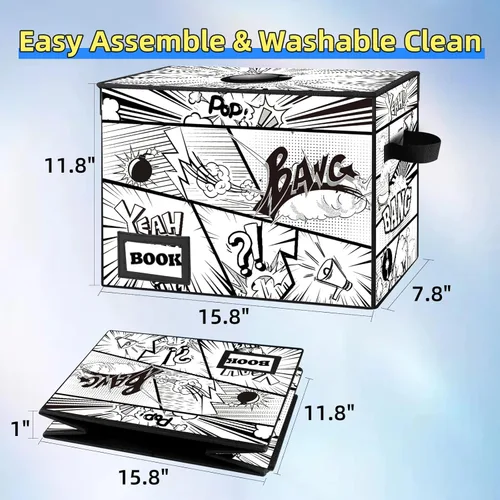 Miniatura 4 de Paquete de 2 cajas de almacenamiento para cómics, colección de 40 cm x 20 cm x 30 cm, plegable, contenedor organizador para 160-180 cómics, estante