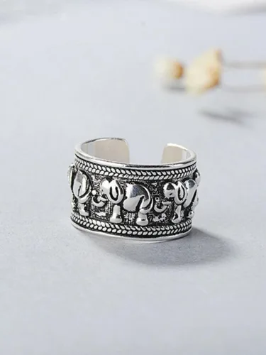 Miniatura 2 de Anillo de plata de ley 925 con elefante, anillo ajustable para mujer, color blanco, Plata