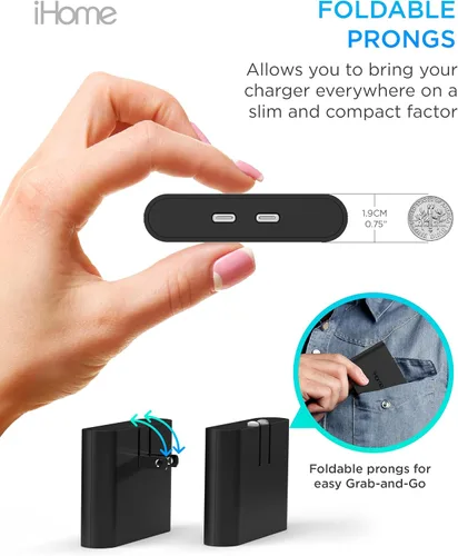 Miniatura 5 de iHome Cargador USB-C multipuerto de 40 W, bloque plano de 2 puertos AC Pro, adaptador de pared de carga rápida dual