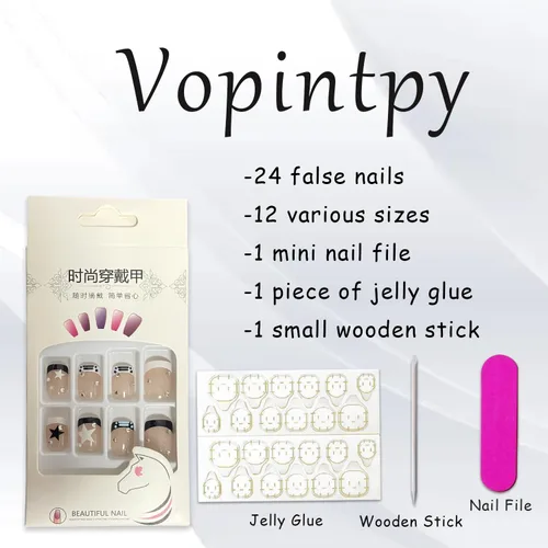 Miniatura 5 de Uñas postizas a presión con punta francesa, uñas postizas cuadradas cortas con diamantes de imitación de estrellas blancas y negras, diseño de uñas