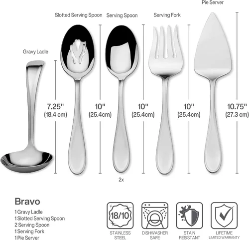 Miniatura 3 de Mikasa Bravo - Juego de 6 piezas de acero inoxidable 18/10, cucharas de servir, tenedor, servidor de tartas, cucharón de salsa, cubiertos pulidos