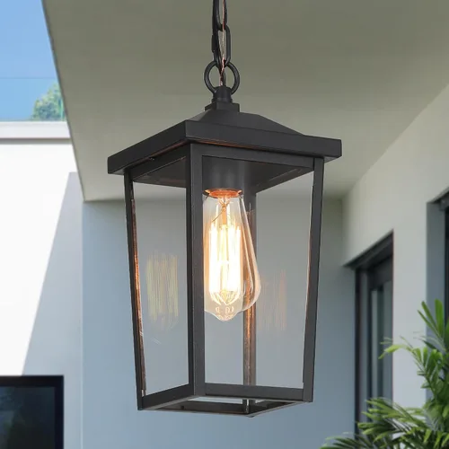 Miniatura 8 de Lámpara colgante para exteriores, luces colgantes exteriores de granja con cadena ajustable, luz de techo negra para exteriores con vidrio