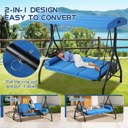 Miniatura 4 de Columpio de porche al aire libre de 3 asientos con toldo ajustable, cama convertible con soporte, planeador de patio con cojín, almohada y soporte